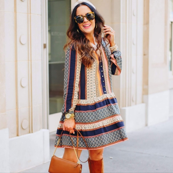 LOFT Navy and Orange Patterned Long Sleeve Dress. Good Condition Size Small - Picture 4 of 17